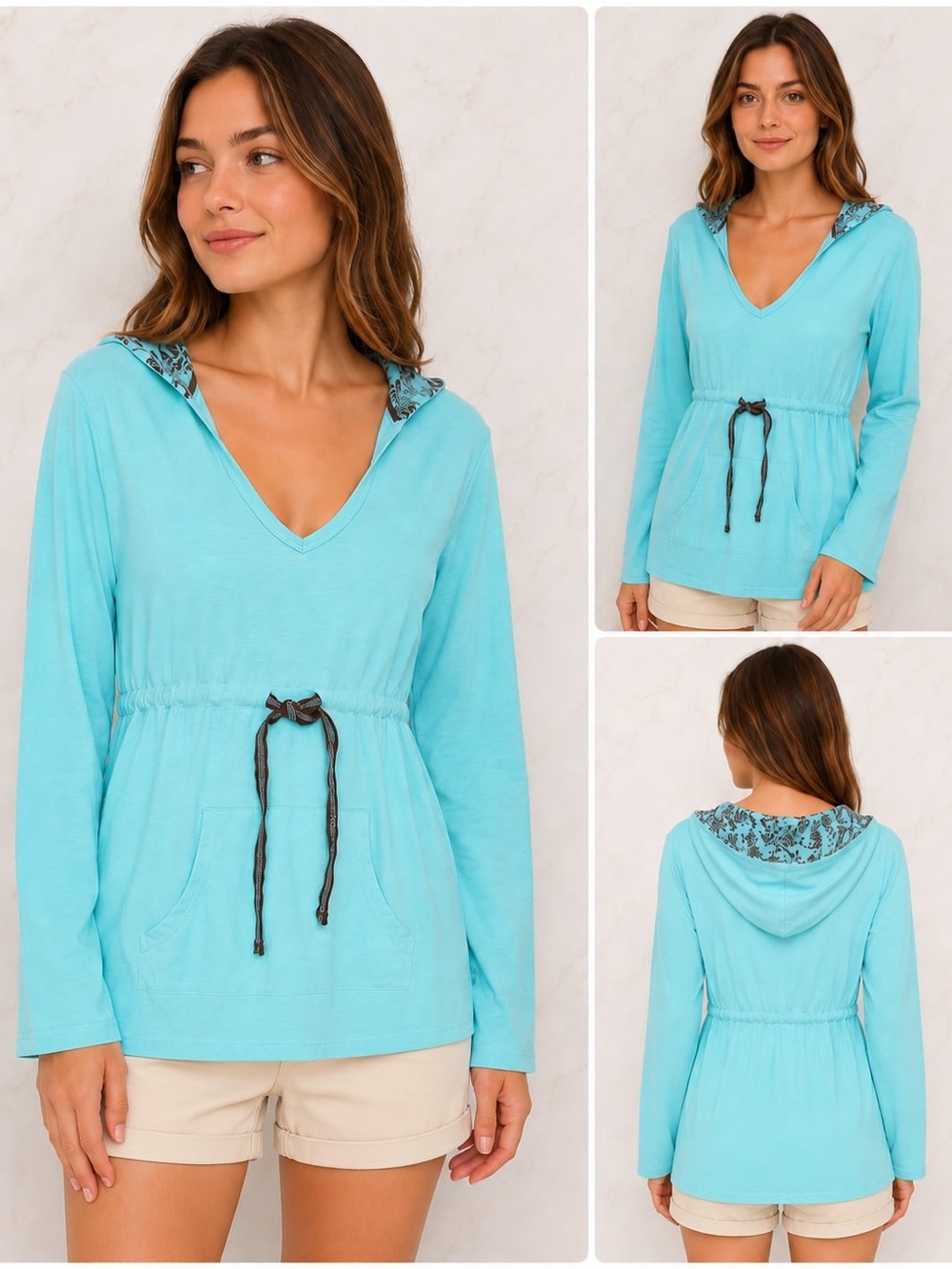 Turquoise Hooded V-Neck Poppy Women’s Lightweight Hooded Tunic Top – Size L